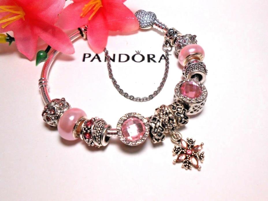 Pandora Bracelet Sterling Silver Bangle W/Pink Charms-Authentic -Valentine Gift