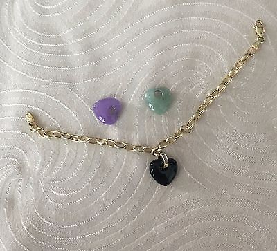 Gold Link Bracelet w/ Diamond Charm Holder+Lavender, Green Jade and Onyx Charms!