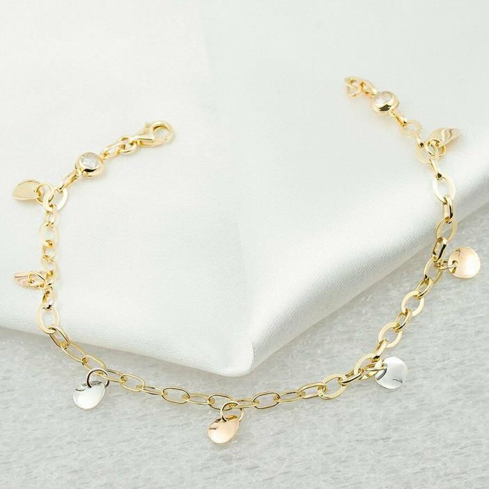 Oval Links Chain Charm Bracelet with Dangling Disks in Solid 14K Tri-Color Gold