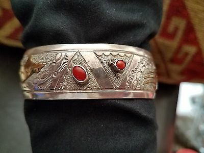 Native American WIDE Cuff Bracelet with Red Coral and Gold Overlay Designs