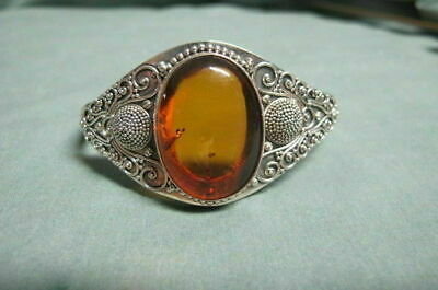 BA Indonisia Sterling Cuff Bracelet Ornate with  Genuiine Amber