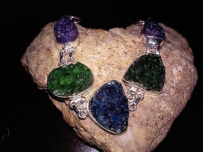 Blue and Green Drusy REAL 925 Sterling Silver Bracelet - 24.0 grams