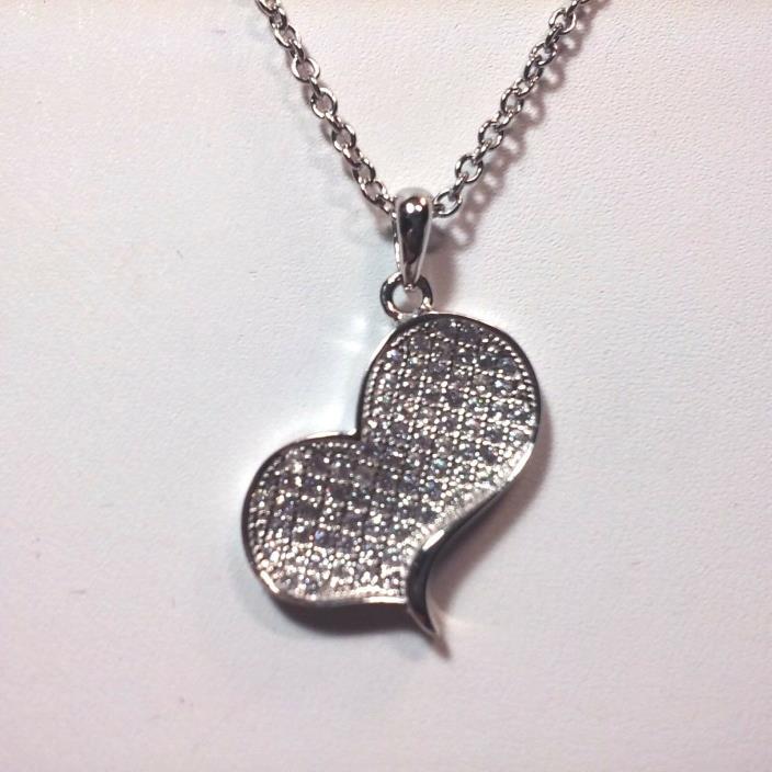 SIMULATED WHITE DIAMOND  STERLING SILVER HEART PENDANT & S.STEEL CHAIN -20