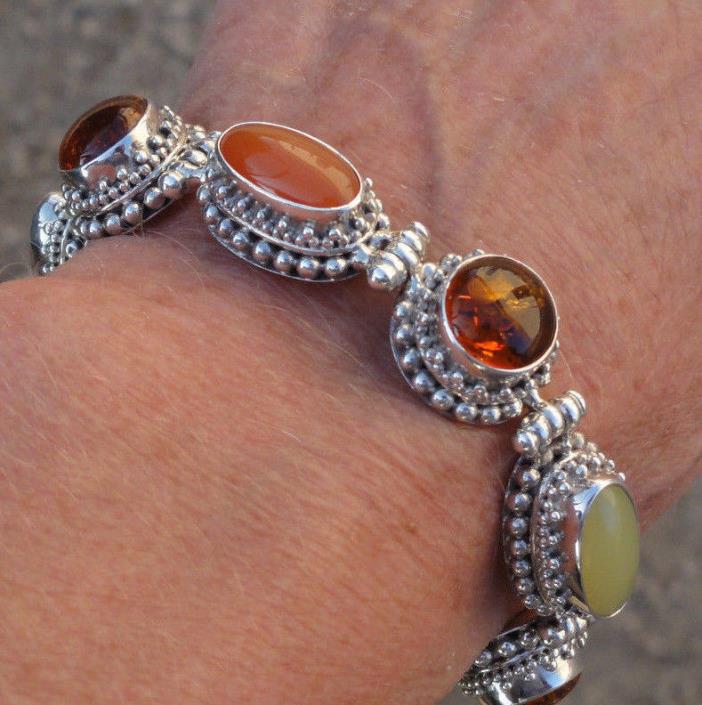 Estate BA Sterling Silver Ornate Amber & Natural Stone Toggle Bracelet Suarti