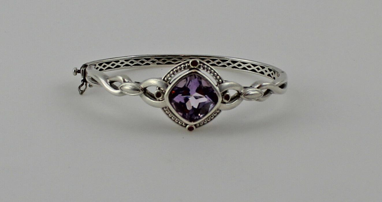 Sterling Silver Hinged Bangle Bracelet with Purple Stone