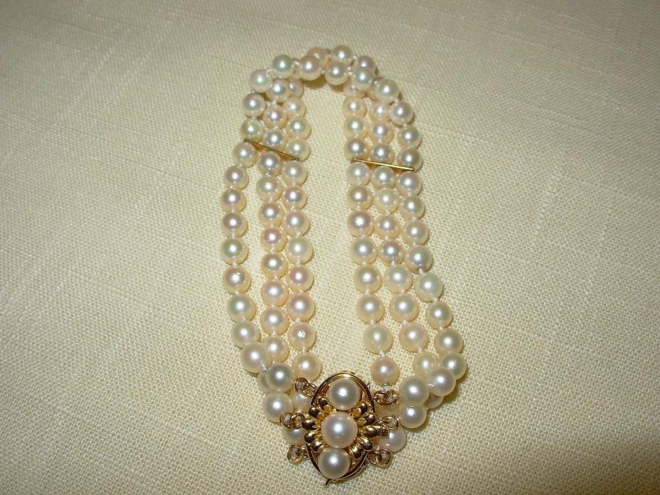 Womens 3 Strand 96 5mm Cultured Pearl Bracelet w/14k Yellow Gold Clasp & Spacers