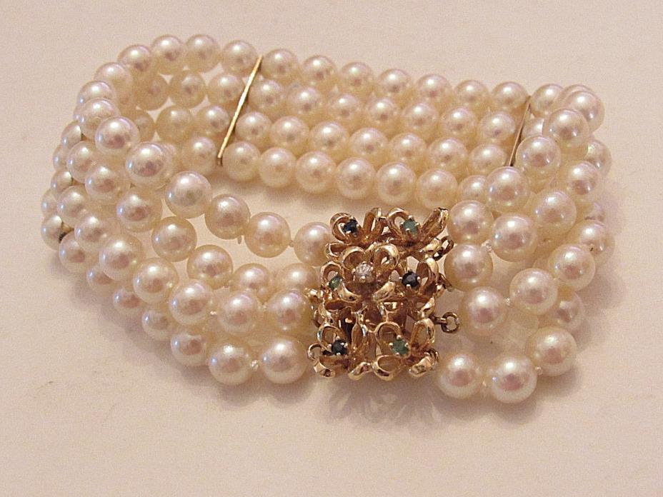 Elegant Cultured Pearl Bracelet 14K Yellow Gold Clasp Diamond Sapphires Emeralds