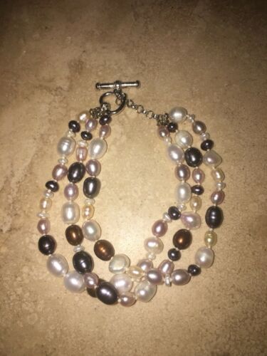 8” Multi-Color 3-Strand Genuine Pearl Bracelet with Sterling Heart Toggle Clasp