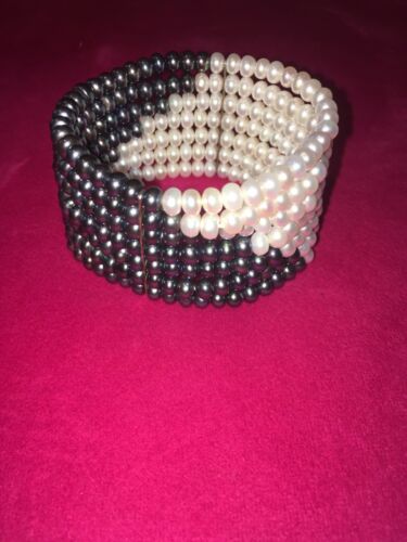 Honora Black White Freshwater Pearl & Sterling Silver WIDE Stretch Cuff Bracelet