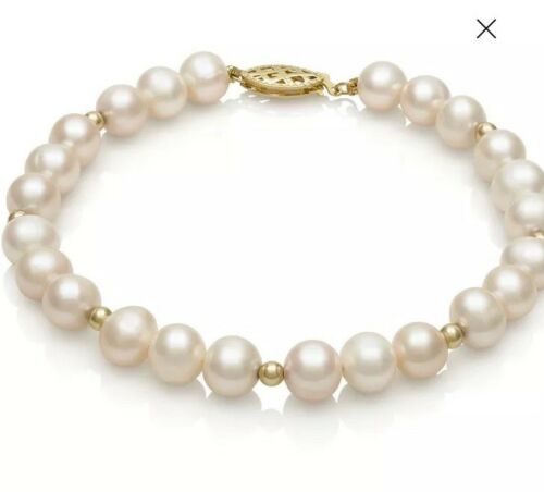 14k Yellow Gold White Cultured Freshwater Pearl and Bead Bracelet Valentine’s Da