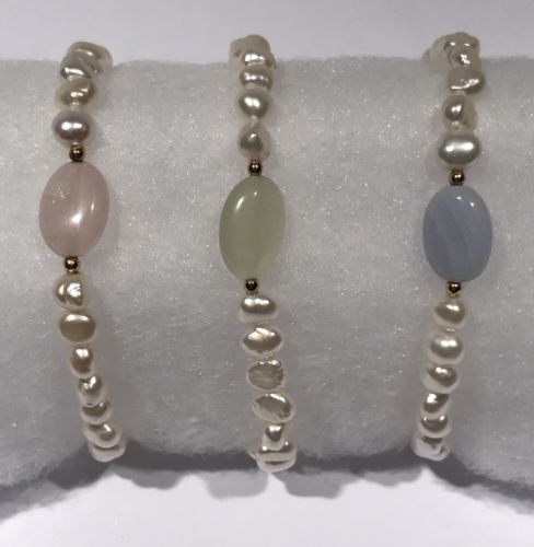 Set of 3 Lee Sands Oval Stone and Cultured Pearl Stretch Bracelets