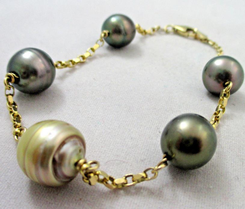 Kitsinian 14K YG 10-10.5MM Tahitian Pearl Station Rolo Chain Bracelet 8