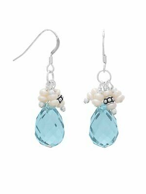 Light Blue Crystal  Cultured Freshwater Pearl Cluster Earrings Sterling Silver