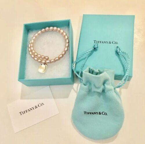 New Tiffany & Co. Elsa Peretti Spiral Pink Pearl Sterling Tag Bracelet Authentic