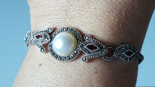 Marcasite Mabe Pearl and Garnet Bracelet  Vintage Handcrafted  Designer Signed