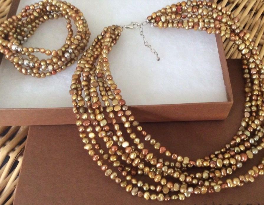 Silpada Sterling Silver & Copper Pearls Necklace N1366 7 Stretch Bracelets B1369