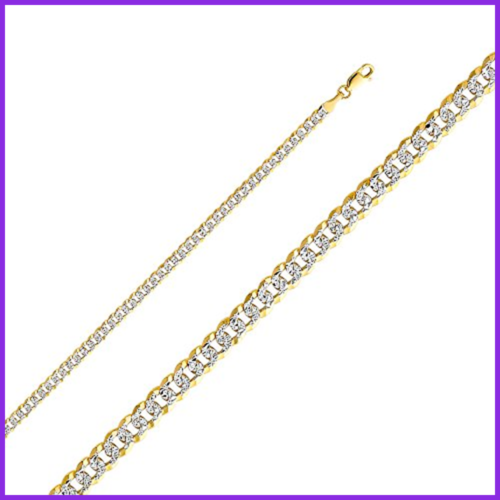 14K YELLOW GOLD Solid Men's 4Mm Cuban WHITE Pave Chain Bracelet W Lobster Claw C