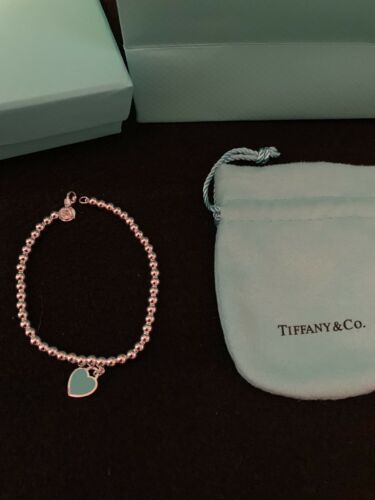New Tiffany Blue Enamel Heart Mini Ball Bracelet With Pouch Box