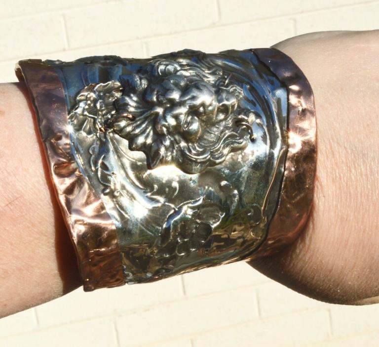 Sterling Silver Copper Cuff Bracelet Antique Art Nouveau Rustic 925 Boho Lion