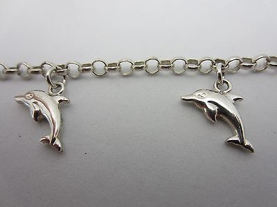 Sterling silver rolo link 6 dolphin charm bracelet 4mm. 9 inch fish marine