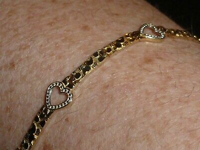 10K SOLID YELLOW & WHITE GOLD HEARTS AND NUGGET STYLE BRACELET - 6 3/4