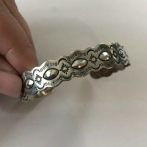 Solid Sterling Silver Oval Cuff Bracelet 15g, Native American Design, 6.75”