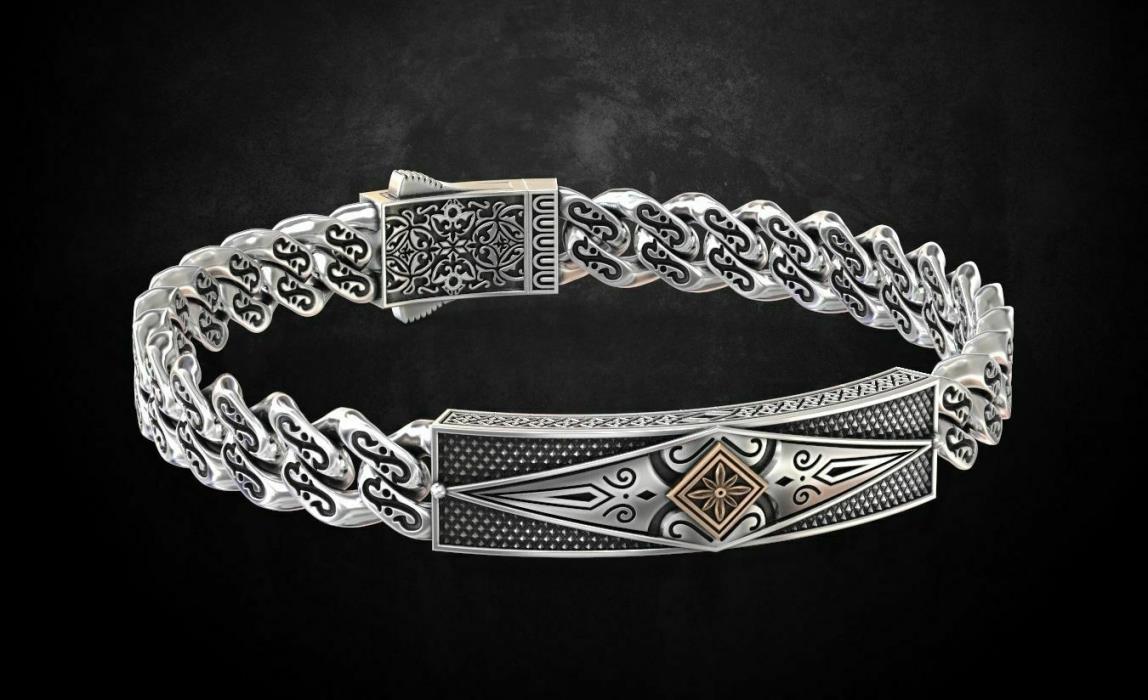 Men's Bracelet With Patterns Antique In Oxidized 925 Sterling Silver