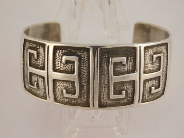 STERLING SILVER WIDE GREEK KEY TEXTURED CUFF BRACELET MEXICAN