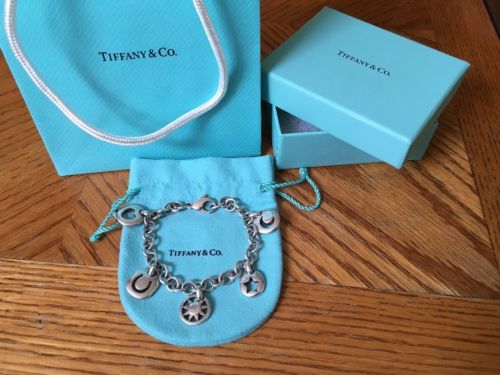 TIFFANY & CO STERLING SILVER 5 CHARMS BRACELET SUN MOON HEART STAR HORSESHOE