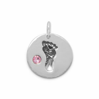 Baby Girl Footprint Charm Pink Crystal Sterling Silver