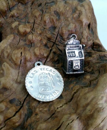 TWO STERLING SILVER CASINO CHARMS PENDANTS LAS VEGAS NEVADA SLOT MACHINE GAMBLER