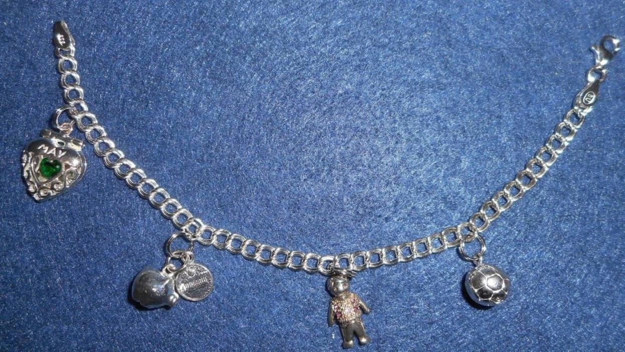 CHARM BRACELET, STERLING CHAIN WITH 5 STERLING CHARMS, MARKED 925