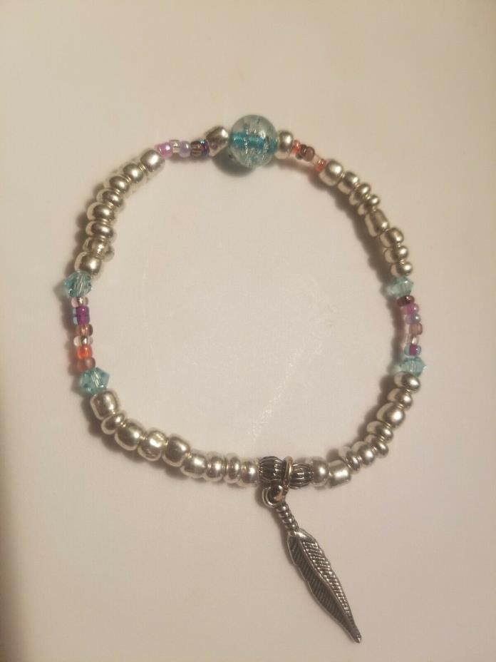 handmade womens unique silver feather gem silver glass bead stretch bracelet