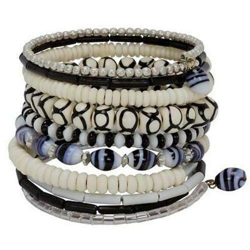 Ten Turn Bead and Bone Bracelet - Black & White Fair Trade India