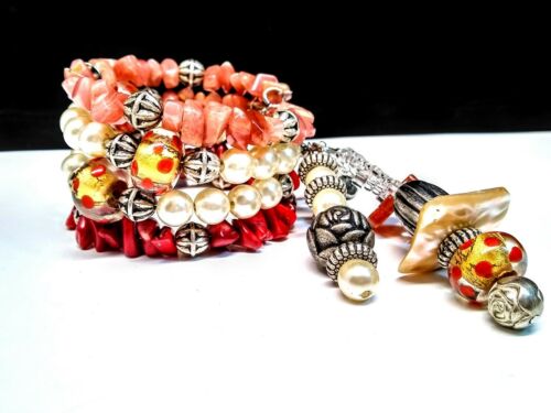 Artsian Dangle Charm Heart Wrap Bracelet W Quartz Coral Jade & Abalone Shell