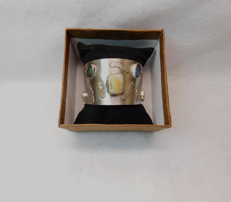 Custom Designed 1.5 in. copper & silver cuff bracelet / 5 opals