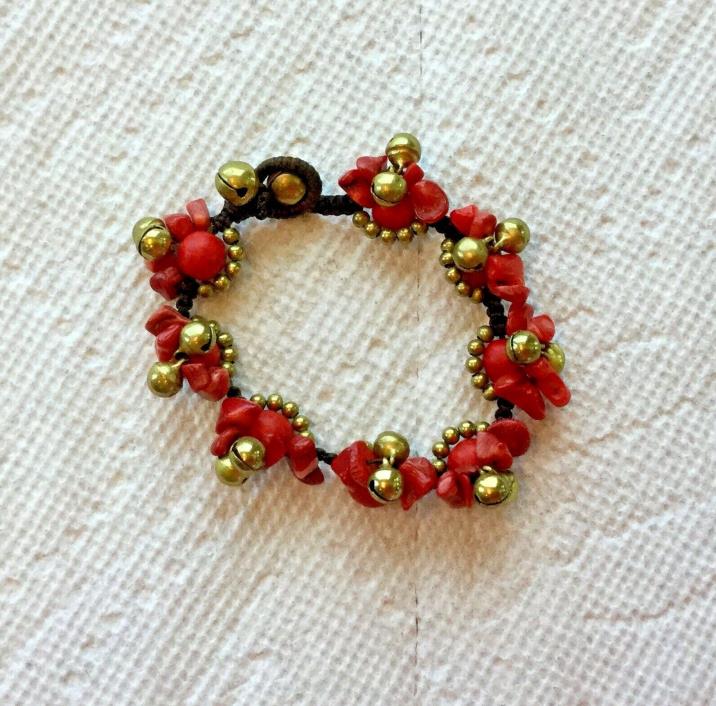 Red Coral Beaded BRACELET with tiny bells, Handcrafted 7