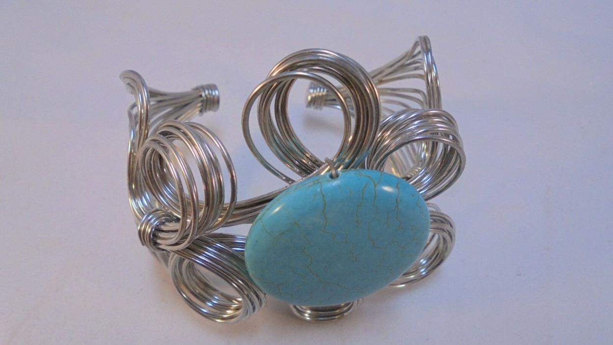 Cuff Bracelet Silver Colored metal Wrapped Wire Style w/ Turquoise Colored stone