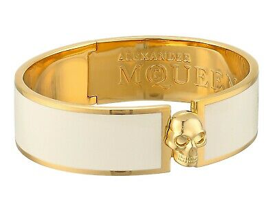 $345 New Alexander Mcqueen Skull Button white Enamel and Gold tone Bracelet, Med