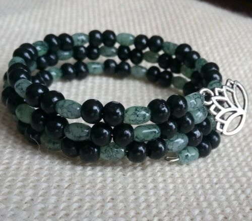 Lotus Charm Memory Wire Wrap Bracelet w/Green Marbled Glass & Black Wood Beads