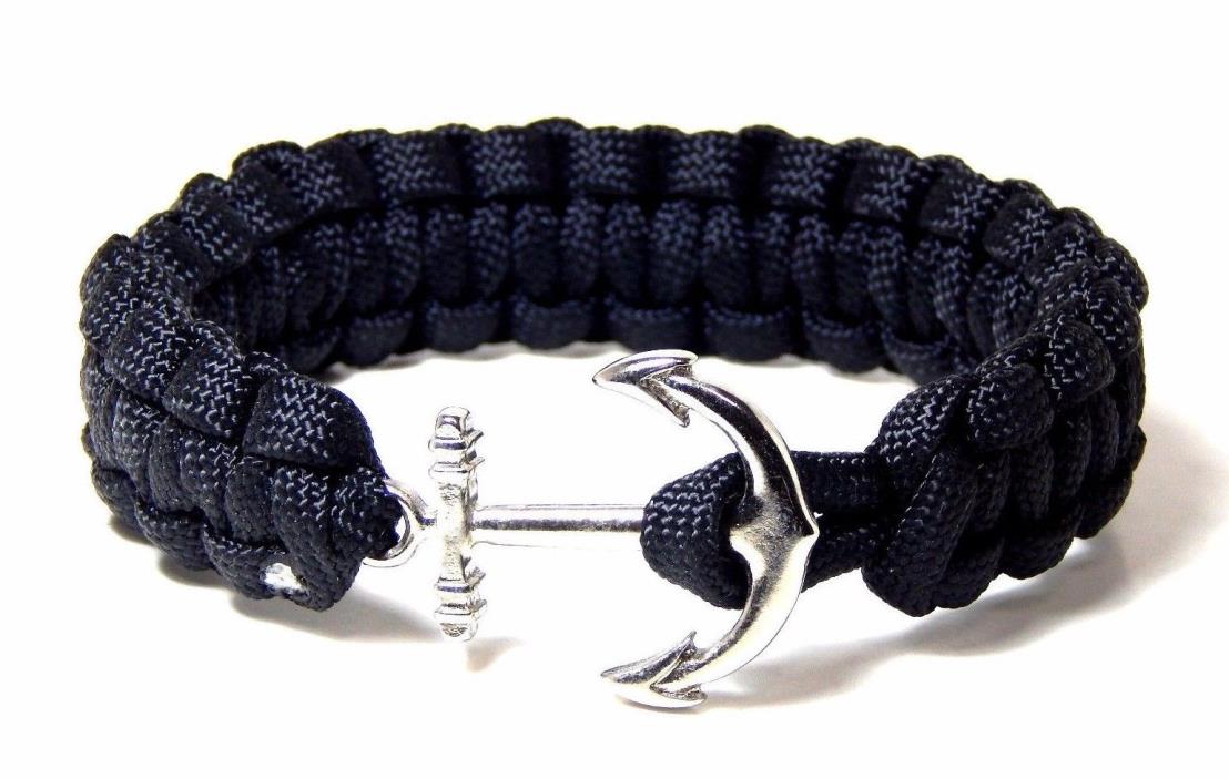 Nautical Anchor Bracelet Cobra Weave Paracord Silver Tone Anchor Hand Made USA 9