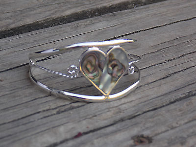 Fair Trade Handcrafted Silver Heart Cuff Bracelet with Mother of Pearl heart.