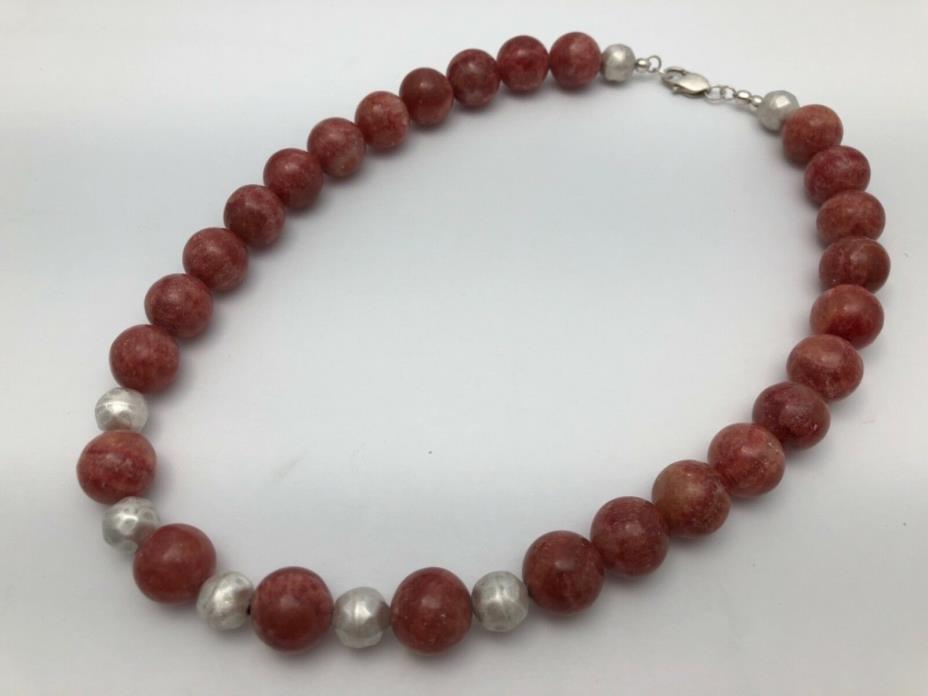 Sterling Silver .925 Natural Stone Rhodochrosite 16mm Round Beaded 20