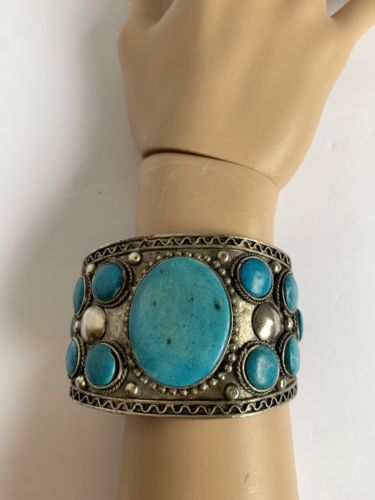 Crafted Silver Tone Wide Cuff Bracelet Turquoise color stones ornate from India