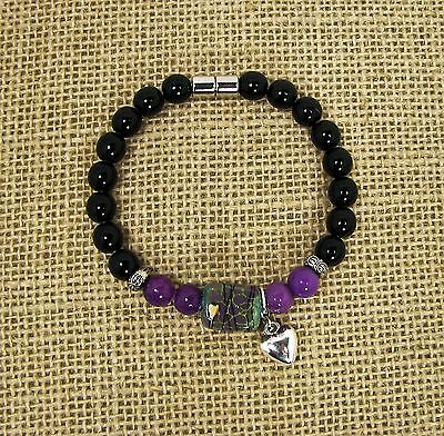 Purple Quartzite Black Jasper Silver Tone Heart Charm Bead Bracelet #31