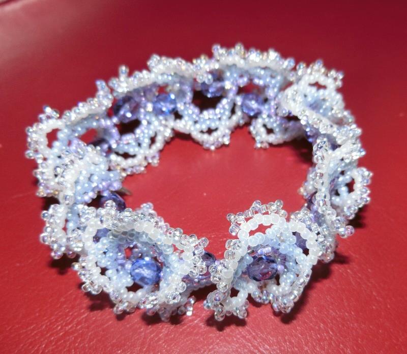 Hand made beaded bracelet light purple/blue/white 7.5 inch