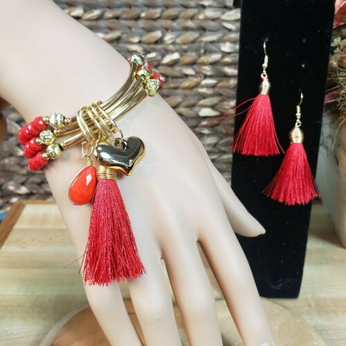 Handcrafted Mexican Red Brazalet & Earrings tassel/ Brazalete y aretes artesanal