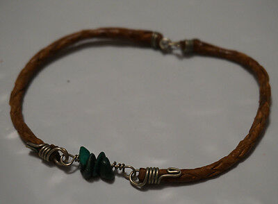 Vintage handmade leather bracelet with silver hooks & green stones