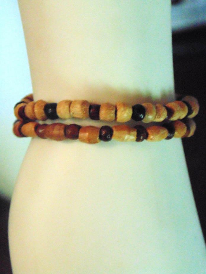 Wooden Bead Bracelet Set of 2 BrownTan Black Artisan Fashion Jewelry Gift