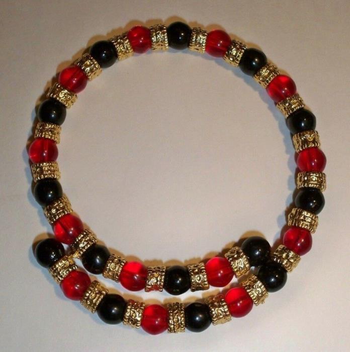 Handmade in Italy Murano Glass Bracelet - Red & Black Beads with Gold Spacers